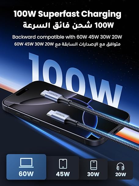 USB C Cable 0.5M, Braided 100W Power Delivery PD Super Fast Charge