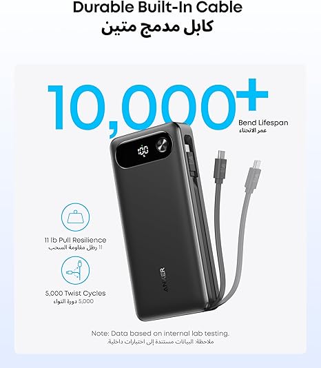 Power Bank, 20,000mAh Portable Charger with Built-In USB-C Cable