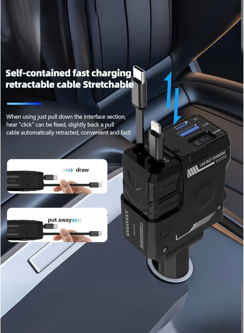 4-in-1 Car Charger, 180° Adjustable, Retractable Lightning & Type-C Cables, 30W Fast Charging, Multi-Device Compatible, 4 Outputs, Black
