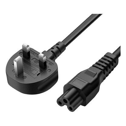 Black UK three-pin power adapter cable with a UK plug and a multi-pin connector on a white background.