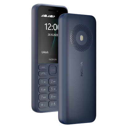 Nokia basic phone in navy blue, shown from both the front and back. The front displays a black screen with the time 12:00 and the Nokia logo below it, while the back features a textured navy blue finish with a circular speaker grille and a small gold accent.