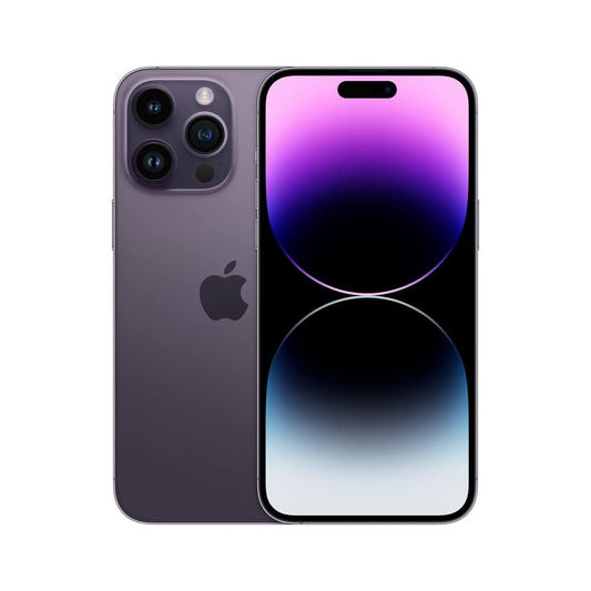 Front and back combo view of a used, factory unlocked iPhone 14 Pro Max in pristine shape, displaying its massive, scratch-free front display alongside its clean,