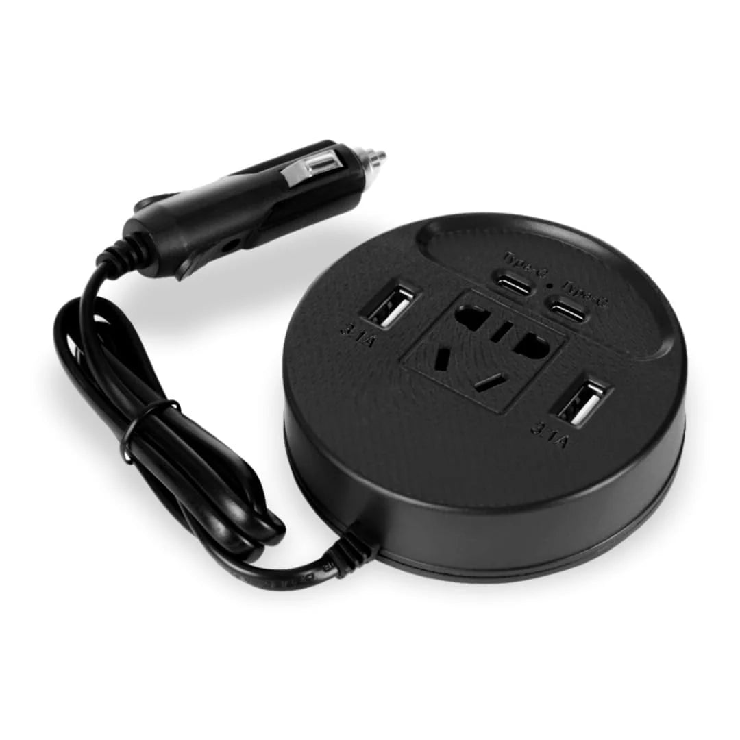 Black power adapter with multiple outlets on a white background