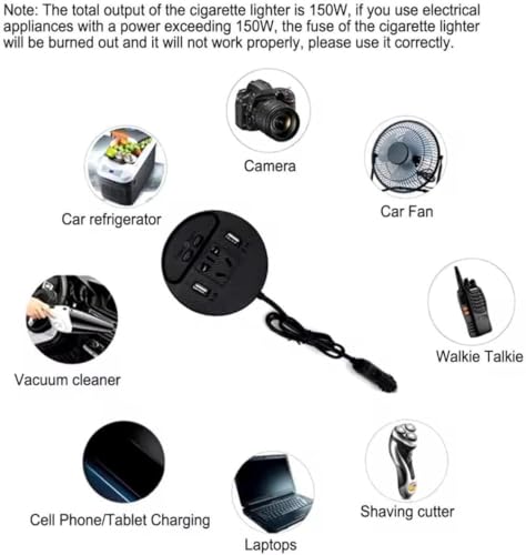A car cigarette lighter multi-port charger shown on a white background with surrounding usage examples and text. The central product is a round black cigarette-lighter-style power adapter with a power cord and plug, surrounded by circular inset images of devices it can power: a car refrigerator, camera, car fan, vacuum cleaner, walkie-talkie, cell phone/tablet charging, laptops, and shaving cutter.