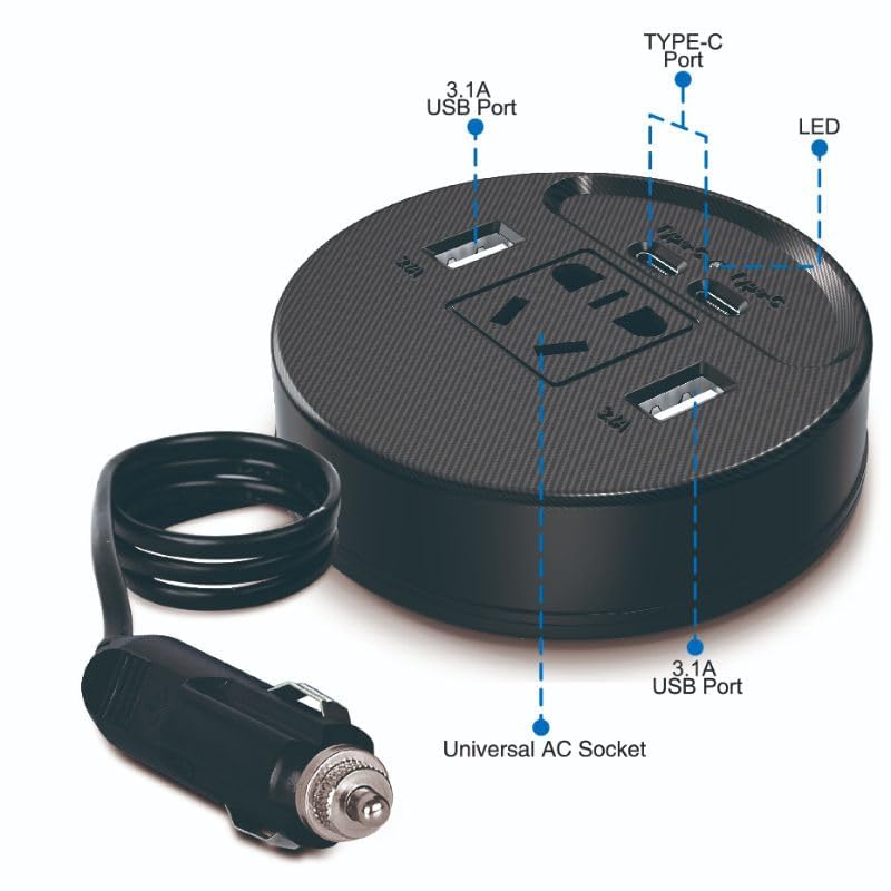 Black power adapter with multiple ports and a cable on a white background