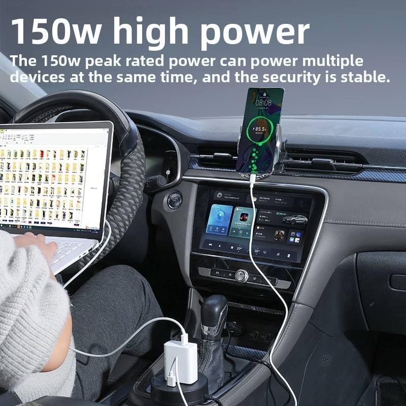 Car interior with a person using a laptop and phone, connected to a power adapter, with text about 150w high power.