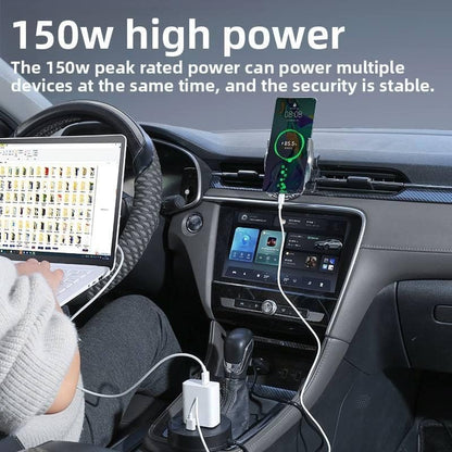 Car interior with a person using a laptop and phone, connected to a power adapter, with text about 150w high power.