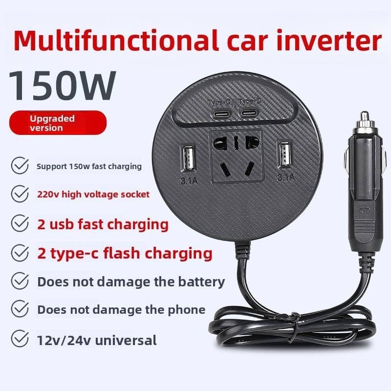 Multifunctional car inverter with charging ports on a white background