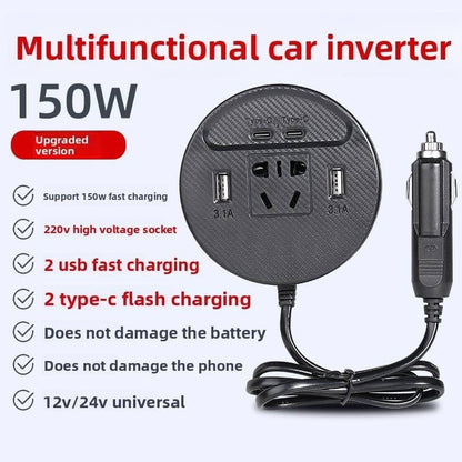 Multifunctional car inverter with charging ports on a white background