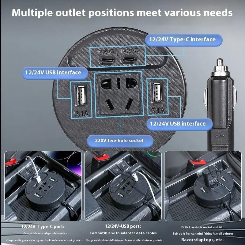 Multifunctional power adapter with various outlets and interfaces on a gray background.