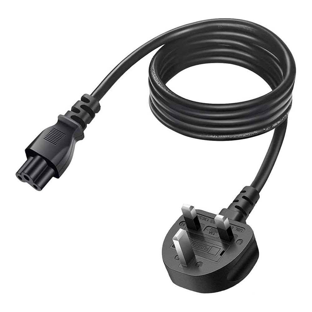 A black power adapter cable with a UK three-pin plug and a multi-pin connector on the other end, coiled on a white background.