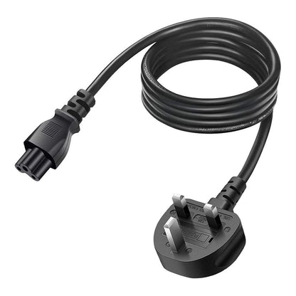 A black power adapter cable with a UK three-pin plug and a multi-pin connector on the other end, coiled on a white background.