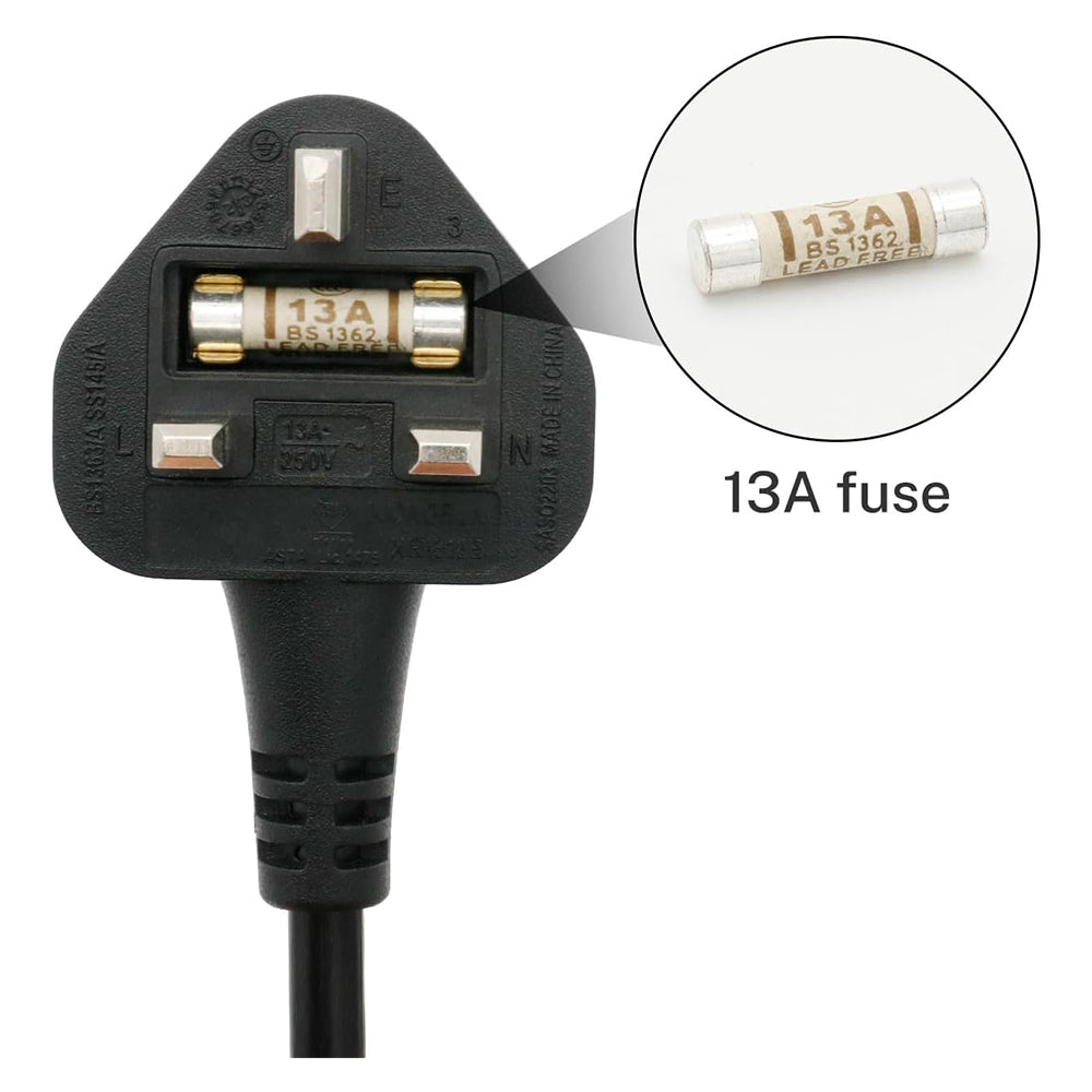A black UK three-pin wall plug with a fuse visible in the socket, plus an inset circle showing a close-up of a 13A fuse and the text '13A fuse'.