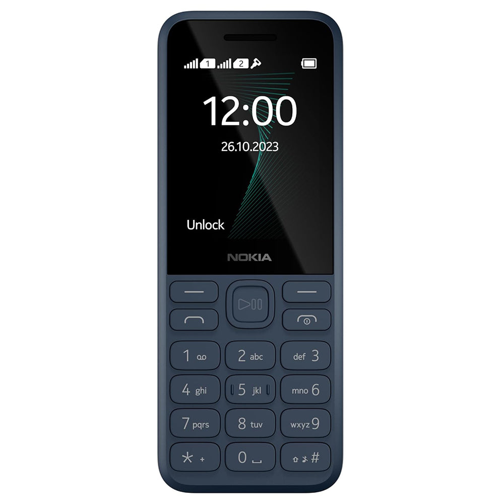 A dark blue Nokia 105 mobile phone with a physical keypad and black screen, shown on a solid white background.