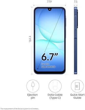سامسونج جوال جالكسي ايه 17 الجيل الخامس 5G بذاكرة RAM 6GB وذاكرة تخزين 128GB، هاتف ذكي بنظام اندرويد بدون شاحن، شاشة كبيرة 50 ميجابكسل، كاميرا OIS اصدار هندي|B0FW3RP8YJ