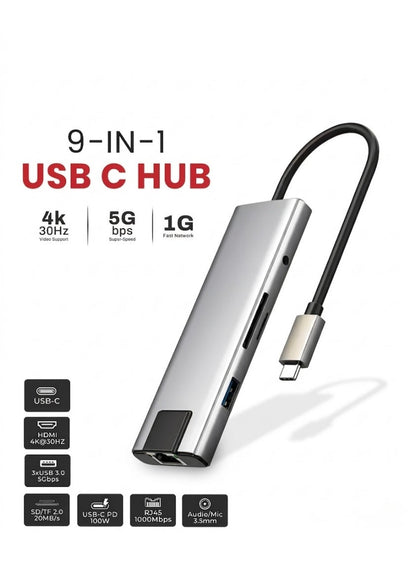 9-in-1 Multiport Usb-C Hub CP-91  3xUSB 3.0 Port, 4K HDMI Output (30Hz),SD & TF Card Slots,USB-C Power Delivery (100W),3.5mm Audio/Mic Jack