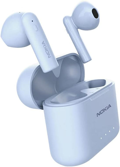 Light blue wireless earbuds and their matching charging case, both showing the NOKIA logo, on a clean white background.