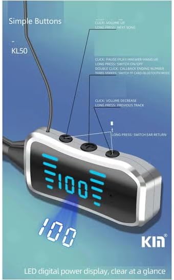 A product diagram for a KL50 car power adapter by KIN, showing the device with labeled button functions and a blue LED digital display on a blue gradient background.