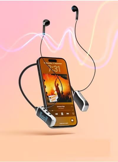 A neckband-style wireless earphone set with a smartphone inserted in the center, shown floating against a soft pink and peach gradient background with glowing abstract wave lines.