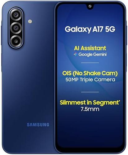 سامسونج جوال جالكسي ايه 17 الجيل الخامس 5G بذاكرة RAM 6GB وذاكرة تخزين 128GB، هاتف ذكي بنظام اندرويد بدون شاحن، شاشة كبيرة 50 ميجابكسل، كاميرا OIS اصدار هندي|B0FW3RP8YJ