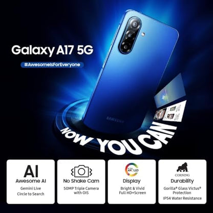 سامسونج جوال جالكسي ايه 17 الجيل الخامس 5G بذاكرة RAM 6GB وذاكرة تخزين 128GB، هاتف ذكي بنظام اندرويد بدون شاحن، شاشة كبيرة 50 ميجابكسل، كاميرا OIS اصدار هندي|B0FW3RP8YJ