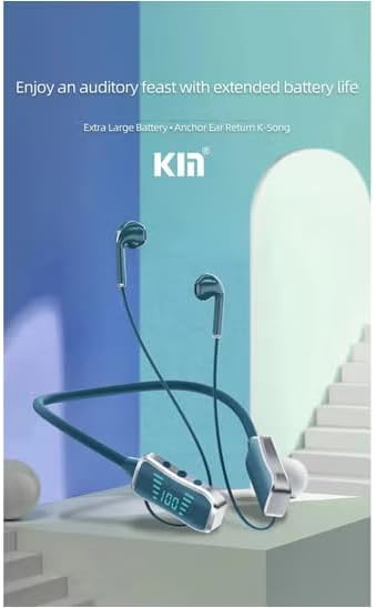 Blue and white KIN brand wireless earbuds with a neckband-style design, displayed on a pedestal against a blue and teal background with promotional text.