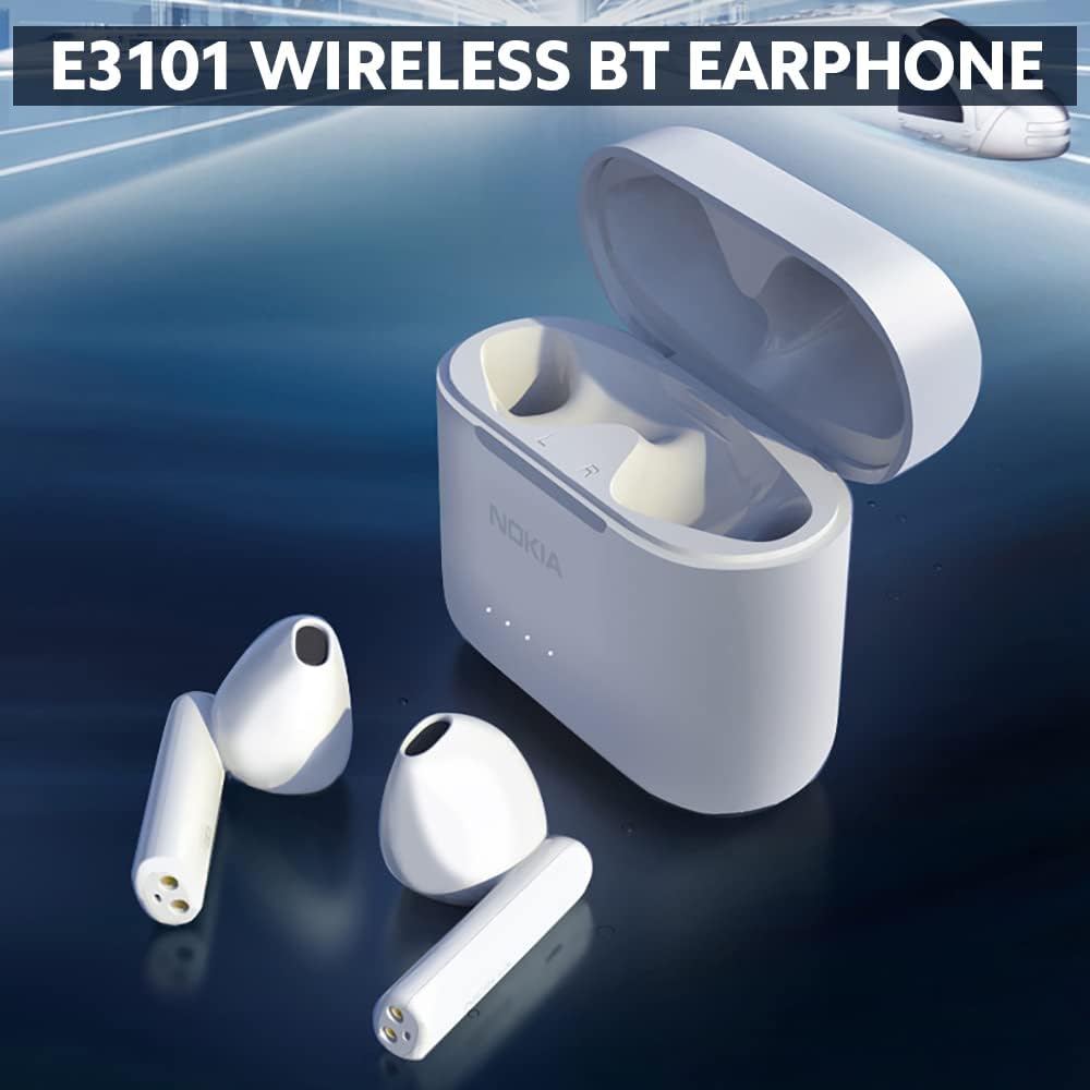 White wireless Bluetooth earphones with an open charging case on a dark blue reflective surface. The text banner at the top reads 'E3101 WIRELESS BT EARPHONE'.