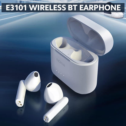 White wireless Bluetooth earphones with an open charging case on a dark blue reflective surface. The text banner at the top reads 'E3101 WIRELESS BT EARPHONE'.