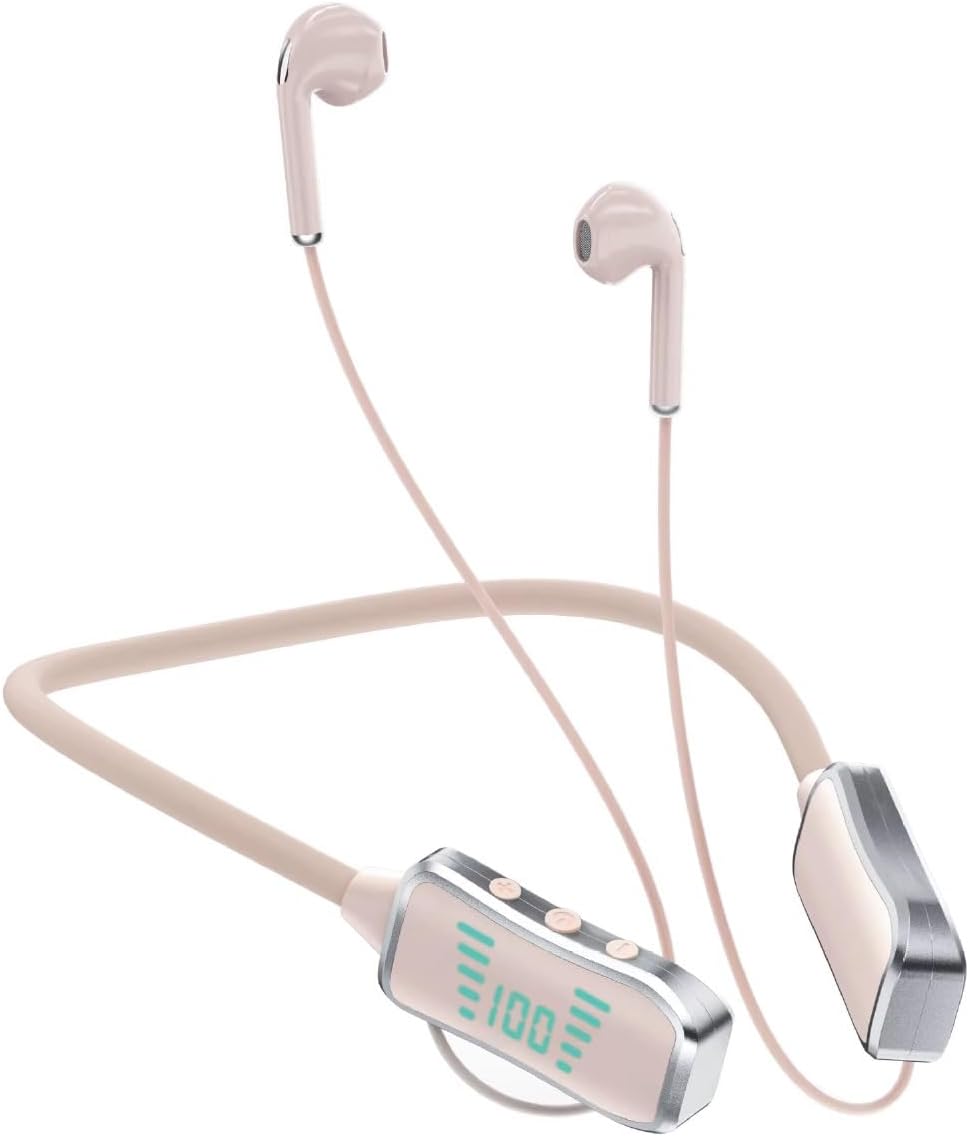A pair of wireless in-ear earphones with a connecting neckband, featuring a light pink body, silver metallic accents, and a digital display showing '100%'.