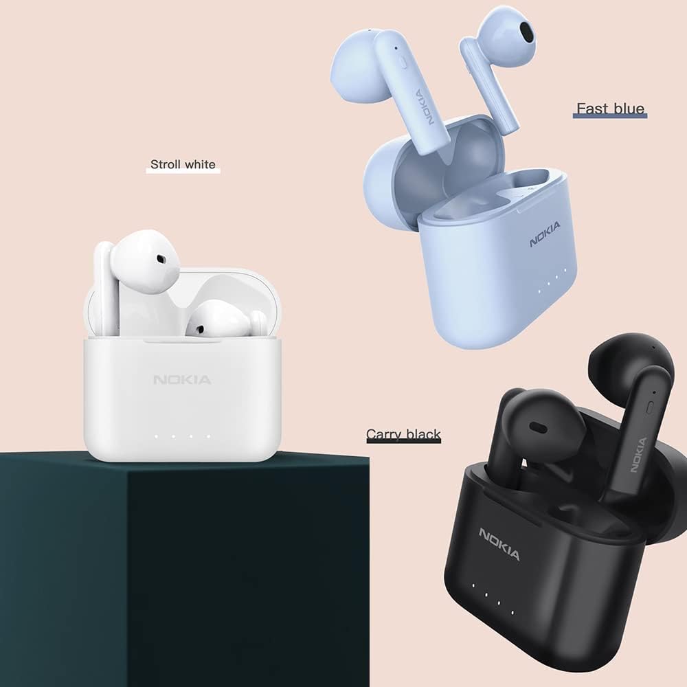 Three pairs of wireless earbuds with open charging cases shown in different colorways: white labeled 'Stroll white,' a pale icy blue labeled 'Fast blue,' and black labeled 'Carry black.' The products are arranged on a beige background with one case resting on a dark pedestal.