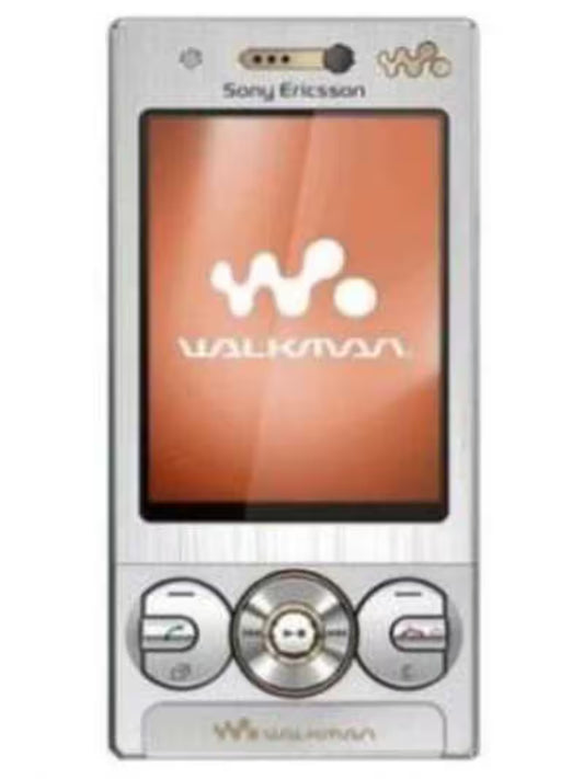 Sony Ericsson W705 Walkman smartphone in silver with a black bezel and a screen displaying the orange WALKMAN logo.