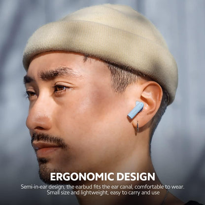 A close-up side profile of a man wearing a light blue semi-in-ear earbud in his ear canal, with a beige knit beanie and a small hoop earring. White text at the bottom reads 'ERGONOMIC DESIGN' with descriptive copy below.