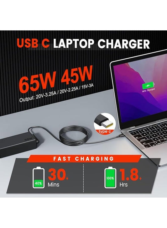65W USB-C Charger for Lenovo ThinkPad Yoga HP Chromebook Power Supply Dell Latitude XPS Huawei Laptop PC Type-C Adapter