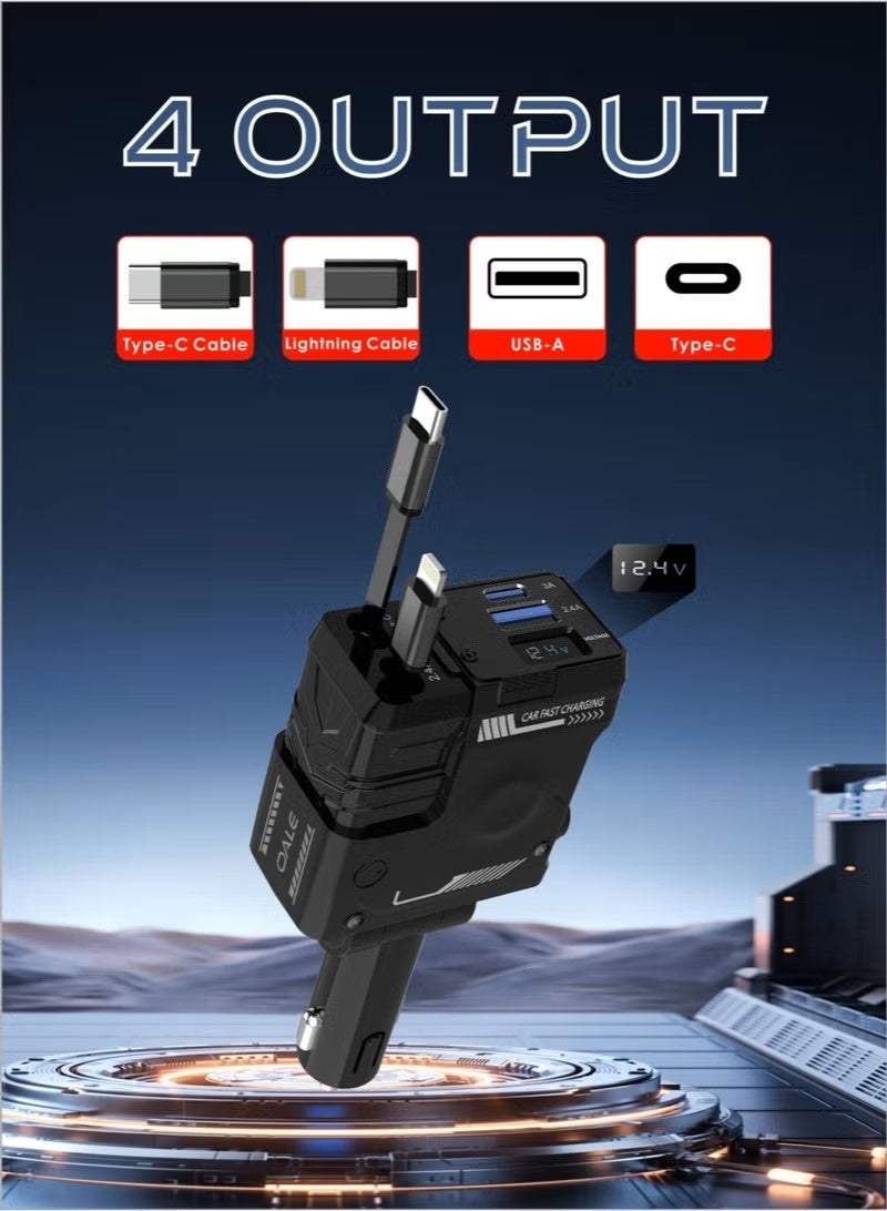4-in-1 Car Charger, 180° Adjustable, Retractable Lightning & Type-C Cables, 30W Fast Charging, Multi-Device Compatible, 4 Outputs, Black