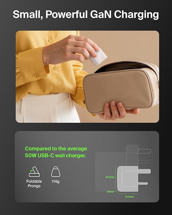 2-Port USB-C Plug 50W, Dual-Port GaN Charger with 2x USB C Ports