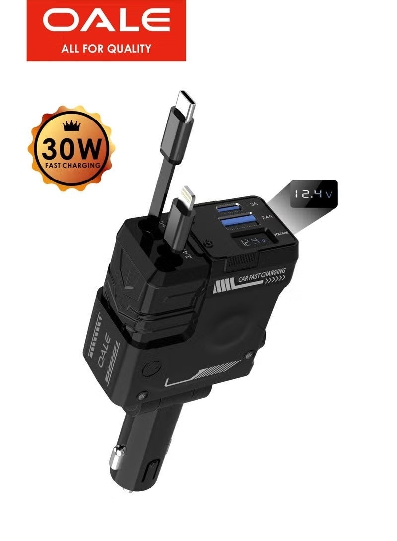 4-in-1 Car Charger, 180° Adjustable, Retractable Lightning & Type-C Cables, 30W Fast Charging, Multi-Device Compatible, 4 Outputs, Black