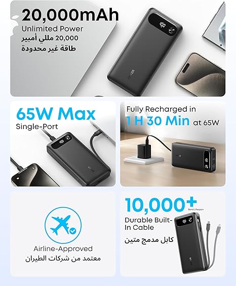 Power Bank, 20,000mAh Portable Charger with Built-In USB-C Cable