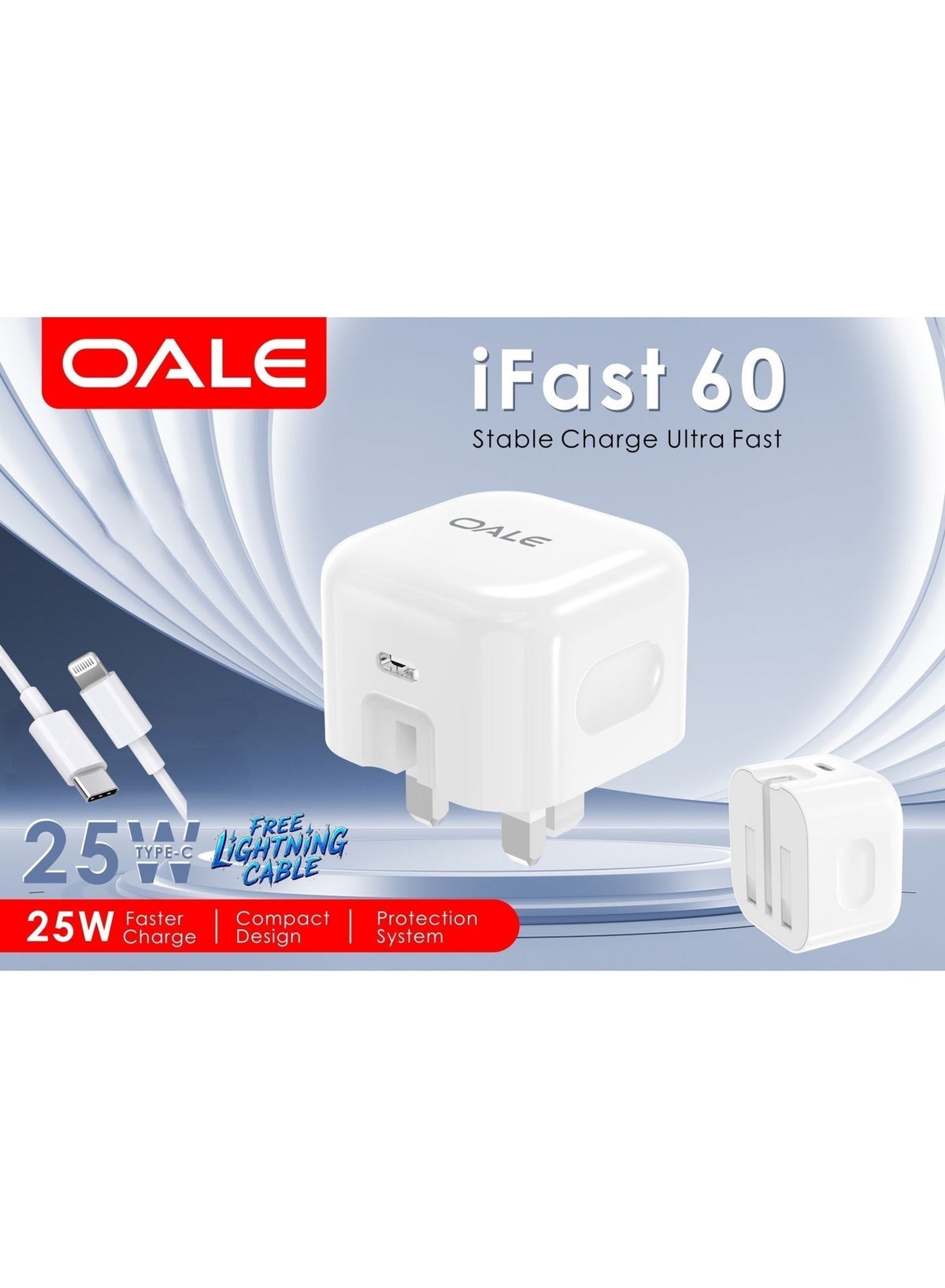 Type-C iPhone Charger, 25W Ultra-Fast Charging Adapter, Compact Retractable Design, Protection System, iFast 60