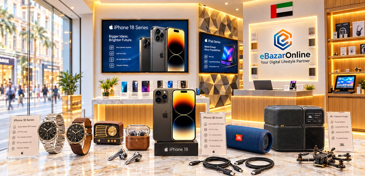 A retail display inside a modern electronics store showcasing various gadgets, including a smartphone, smartwatches, a portable speaker, a retro radio, and other tech accessories on a marble counter. The background features a large window looking out onto a city street, and a branded wall with the text 'eBazarOnline'.