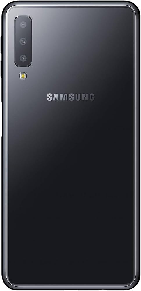 Samsung Galaxy smartphone back in dark gray or black glass finish with a triple-camera module and the SAMSUNG logo centered on the back.