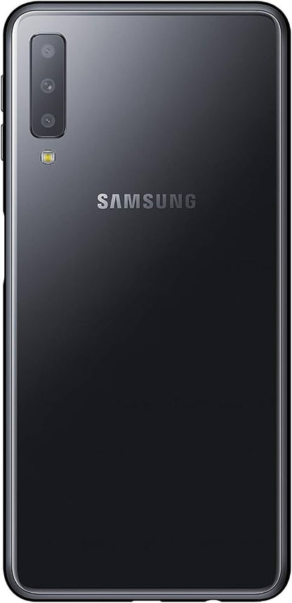 Samsung Galaxy smartphone back in dark gray or black glass finish with a triple-camera module and the SAMSUNG logo centered on the back.