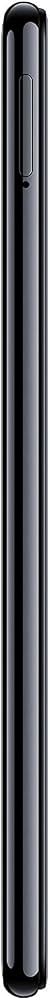 A close-up side view of a slim black smartphone showing the front camera lens and a small vertical button on the top edge.