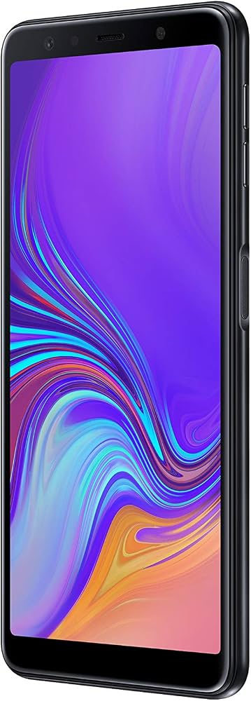 Black smartphone with a front-facing camera cutout and a colorful abstract wallpaper on the screen, shown against a plain white background.