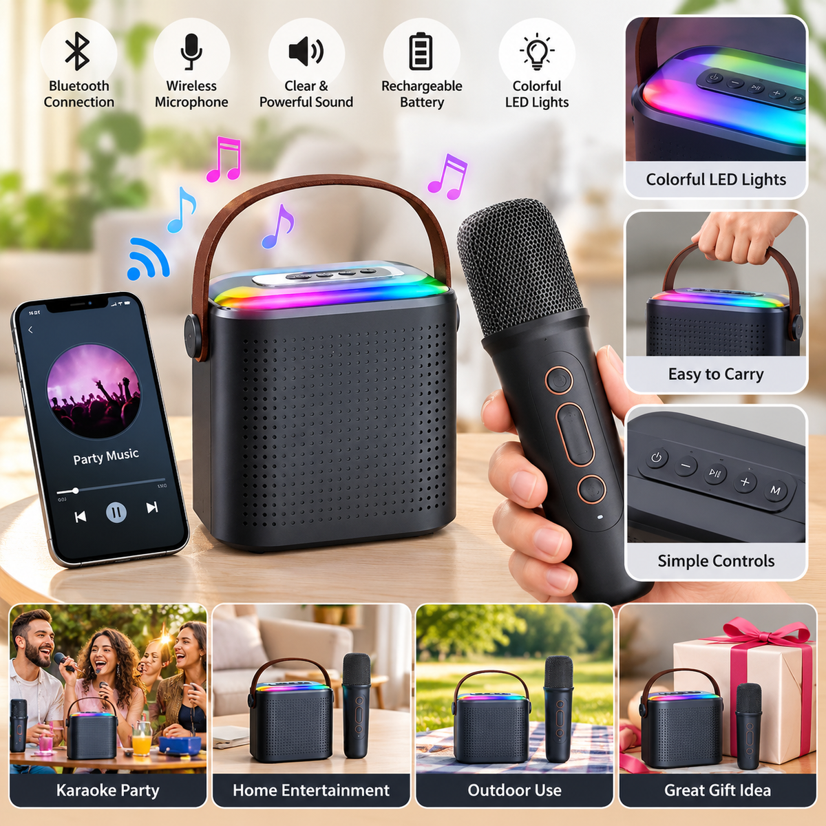 Portable Bluetooth Speaker with Mic & LED Lights | UAE