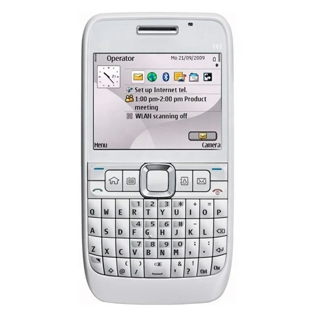 A white mobile phone with a physical QWERTY keyboard and a small color screen displaying menu options, shown against a plain white background.