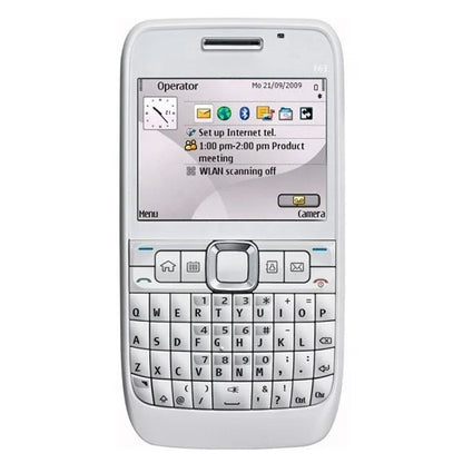 A white mobile phone with a physical QWERTY keyboard and a small color screen displaying menu options, shown against a plain white background.