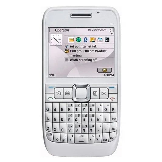 A white mobile phone with a physical QWERTY keyboard and a small color screen displaying menu options, shown against a plain white background.