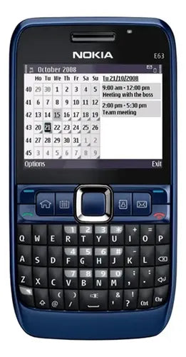 A Nokia E63 mobile phone with a dark blue plastic body, a full QWERTY physical keyboard, and a small color screen displaying a calendar interface.