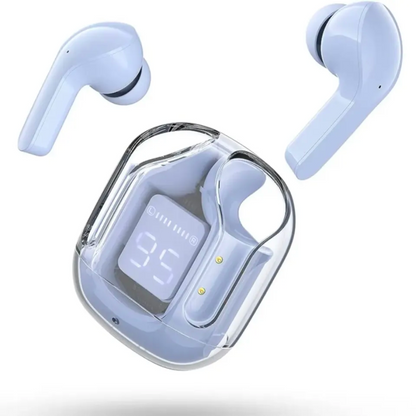 Wireless earbuds with a clear case displaying battery level on a white background