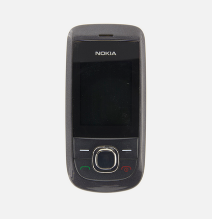 A classic black Nokia mobile phone with a silver navigation button, shown against a plain light gray background.